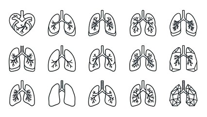 Diverse stylized representations of human lungs and heart displayed in outline format for medical
