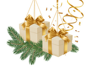 Christmas tree with golden gift boxes, red ribbons, and holiday decorations is a celebration of the new year