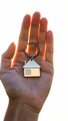 Obraz premium Golden House Keychain in Hand Close-up Macro Shot Property Ownership. Ai Generated Images