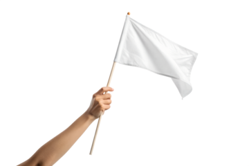 A simple white flag is held up by an arm, gently waving, isolated on a transparent background for clear display.