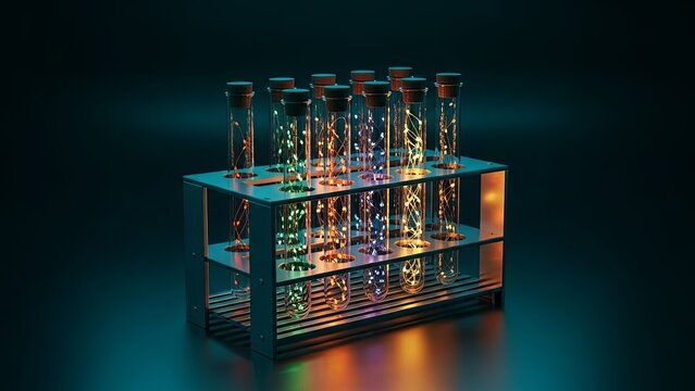 Test tube rack with glowing multicolored string lights inside tubes. Concept of illuminated scientific experiment, chemistry research or festive decoration. - Powered by Adobe