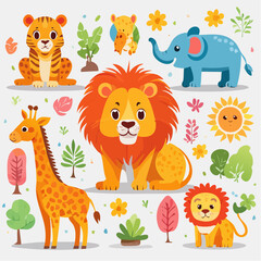 Fototapeta premium Cute cartoon safari animals illustration with lion, tiger, giraffe, elephant, and cubs surrounded by plants and sun.