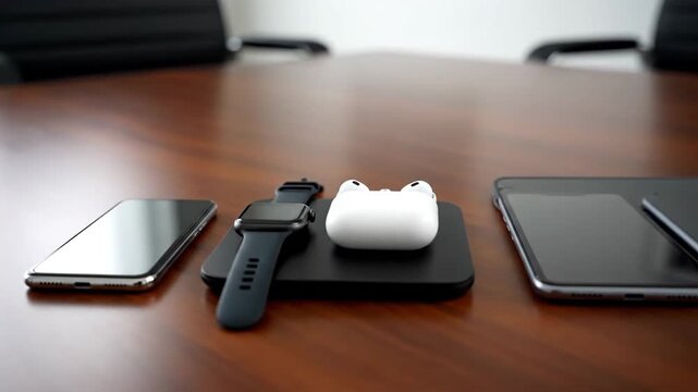 Arrangement of smart watch, wireless earbuds, and smartphones on table, technology concept.