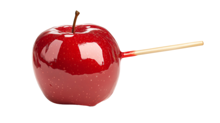 Shiny red candy apple on a stick against a stark perfect for holiday treats