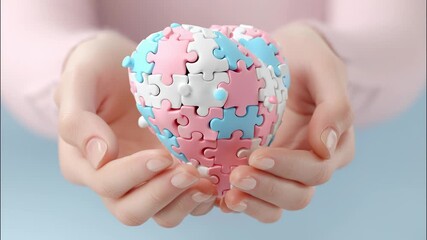 Woman holding a heart shaped puzzle made of pastel colored pieces, symbolizing love, health, autism awareness, and problem solving video 4k - Powered by Adobe