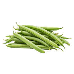 Pile of fresh green beans with water droplets on transparent background