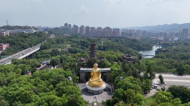Huayan Temple Chongqing - Golden Buddha Statue Aerial View