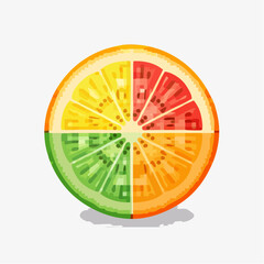 Obraz premium A vibrant graphic illustration of a fruit cross-section, segmented into four different colorful citrus and kiwi-like sections.