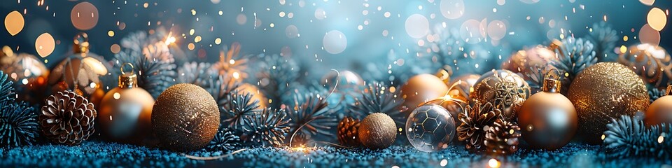 Panoramic Holiday Decoration of Baubles and Pine Branches with Bokeh Lights
