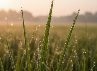 Fresh green blades of grass or young crops covered in morning dew drops during sunrise, symbolizing freshness, new beginnings, and agricultural beauty.