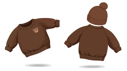 Cozy brown knitted toddler sweater with bear emblem alongside matching winter hat illustration showcases autumn attire