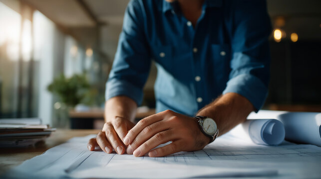 Faceless architect professional hands reviewing building plans construction blueprint design project manager analysis technical drawings examination site development - Powered by Adobe