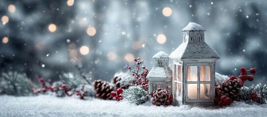 Two decorative white lanterns in snow with pine cones and berries, winter bokeh background