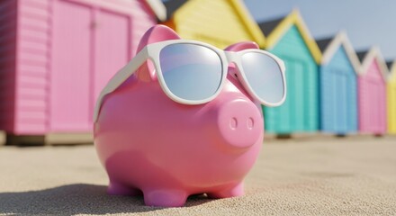 Pink piggy bank wearing sunglasses on sunny beach with colorful huts