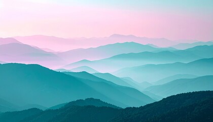 Numerous layered mountain ranges recede into the distance under a pastel pink and blue sky displaying atmospheric haze