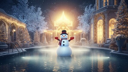 Snowman in a luxurious Christmas winter wonderland setting with illuminated trees and warm lights around a frosty pool. Holiday magic and festive celebration concept.
