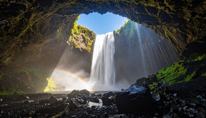 Powerful waterfall plunges into a moss covered cave with a radiant rainbow and bright sunlight