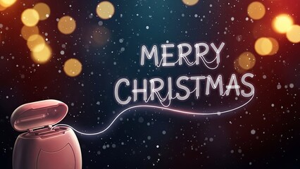 Merry Christmas neon sign on dark background with falling snow and bokeh lights. Winter holiday greeting card design for season celebration.
