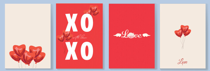 Naklejka premium A modern Valentine’s Day illustration set featuring red bright heart-shaped balloons, minimalistic layouts, template. Trend-driven, clean, and highly versatile for commercial use in Valentine campaign