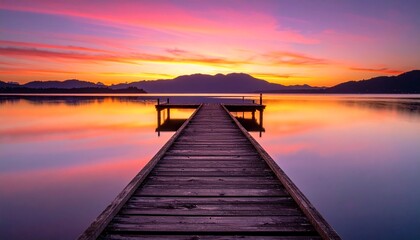 Wooden pier extends into calm water with a vibrant sunset sky Orange pink and purple hues glow on the lake Distant
