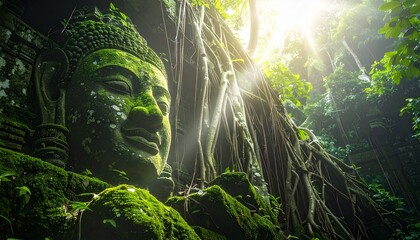 Ancient moss covered Buddha statue in lush overgrown jungle with sun rays