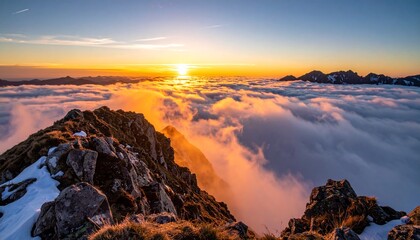 Majestic mountain peaks at sunset above a sea of clouds with rocky terrain and snow