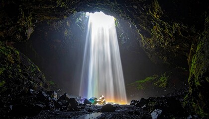 Sunlit waterfall inside a mossy cave casting rainbow hues on wet rocks