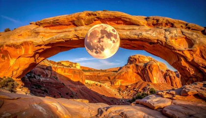 Large full moon framed by a natural sandstone arch in a desert landscape