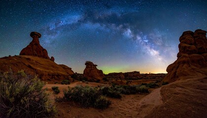 Milky Way galaxy stretching over desert landscape with sandstone formations at night