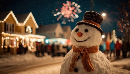 Smiling snowman with top hat and scarf celebrating fireworks night isolated on white