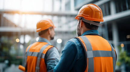 Faceless construction engineers in helmets and vests working together partially built concrete structure technical expertise teamwork civil engineering architecture defocused