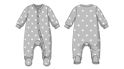 Gray baby sleepsuit adorned with stellar motifs showcased front and back on a white surface for fashion illustrations and design inspiration