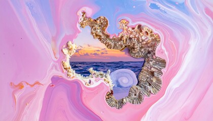 Dynamic pink and purple liquid art swirls frame a textured opening revealing a vibrant ocean sunset Abstract background