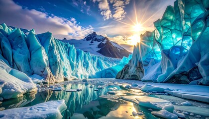Majestic glacial landscape with bright sunburst over towering blue ice formations and a calm lake reflecting the sky