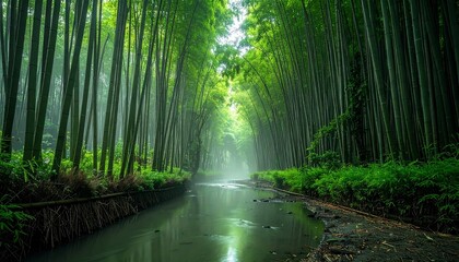 Vibrant green bamboo forest canopy arches over a tranquil canal casting reflections amidst a gentle mist