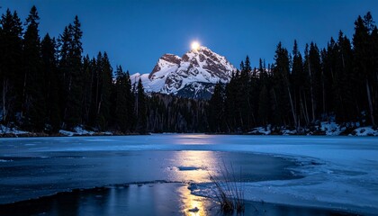 Bright moon illuminates a majestic snow capped mountain reflecting on a partially frozen winter lake Dark evergreen