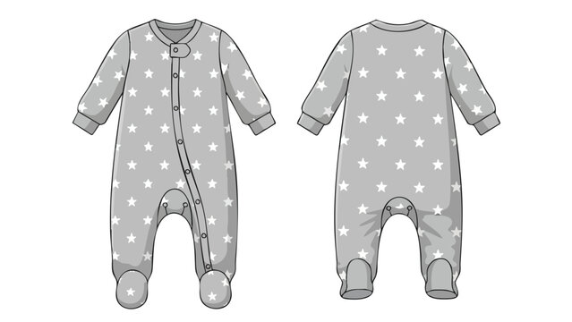 Gray baby sleepsuit adorned with stellar motifs showcased front and back on a white surface for fashion illustrations and design inspiration