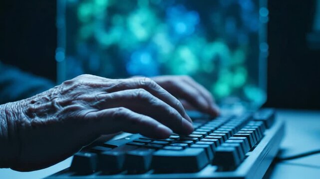 Senior adult typing on keyboard, concept for technology, computer, hacking, old hands.