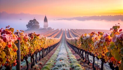 Vibrant autumn vineyard rows covered in frost and morning mist Distant church spire visible under a colorful sunrise sky