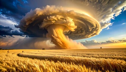 Dramatic supercell storm cloud with a visible funnel descends over a golden wheat field at sunset