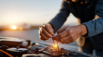 Faceless focused mechanic hands under open hood wiring and components inspection outdoor auto repair hands on skill precision technical troubleshooting work defocused vehicle