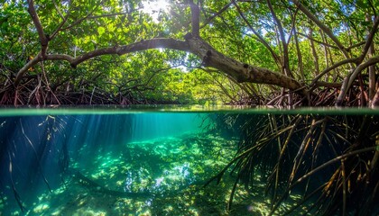 Split view of a vibrant mangrove forest lush green trees above and submerged roots in clear turquoise water