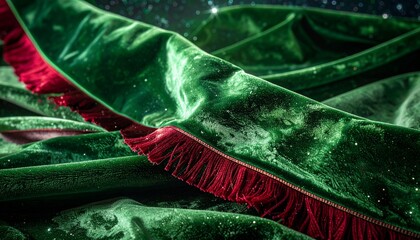 Close up of luxurious deep green velvet fabric draped with elegant red fringe detailing Glitter particles sparkle on the