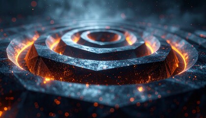 Close up of a futuristic dark textured geometric pattern radiating vibrant orange light and shimmering particles