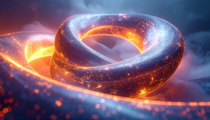 Intertwined luminous rings feature sparkling orange and blue particles set against a mysterious dark smoky background