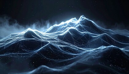 Abstract digital mountain range rendered with glowing blue geometric lines and particles