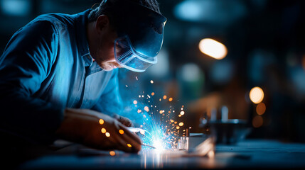Faceless metalworker welding in industrial workspace blue sparks flying protective gear safety metal fabrication work manufacturing welding process defocused workshop