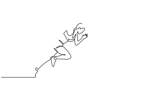 Woman run line art, Animation of one line drawing of young energetic woman runner focus to run fast. Individual sports, training concept. Continuous line self draw for running competition banner. Full