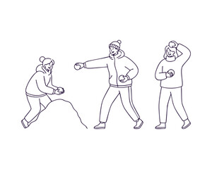People having a snowball fight black and white line art illustration