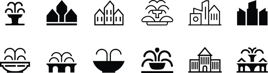 Diverse collection of fountain and building icons water park